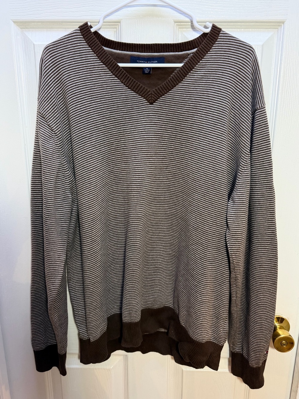 Tommy Hilfiger Men's Brown Striped V-Neck Cotton Sweater